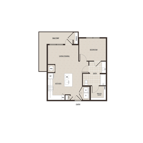 Floor plan for 1 bed, 1 bath, 730 sqft